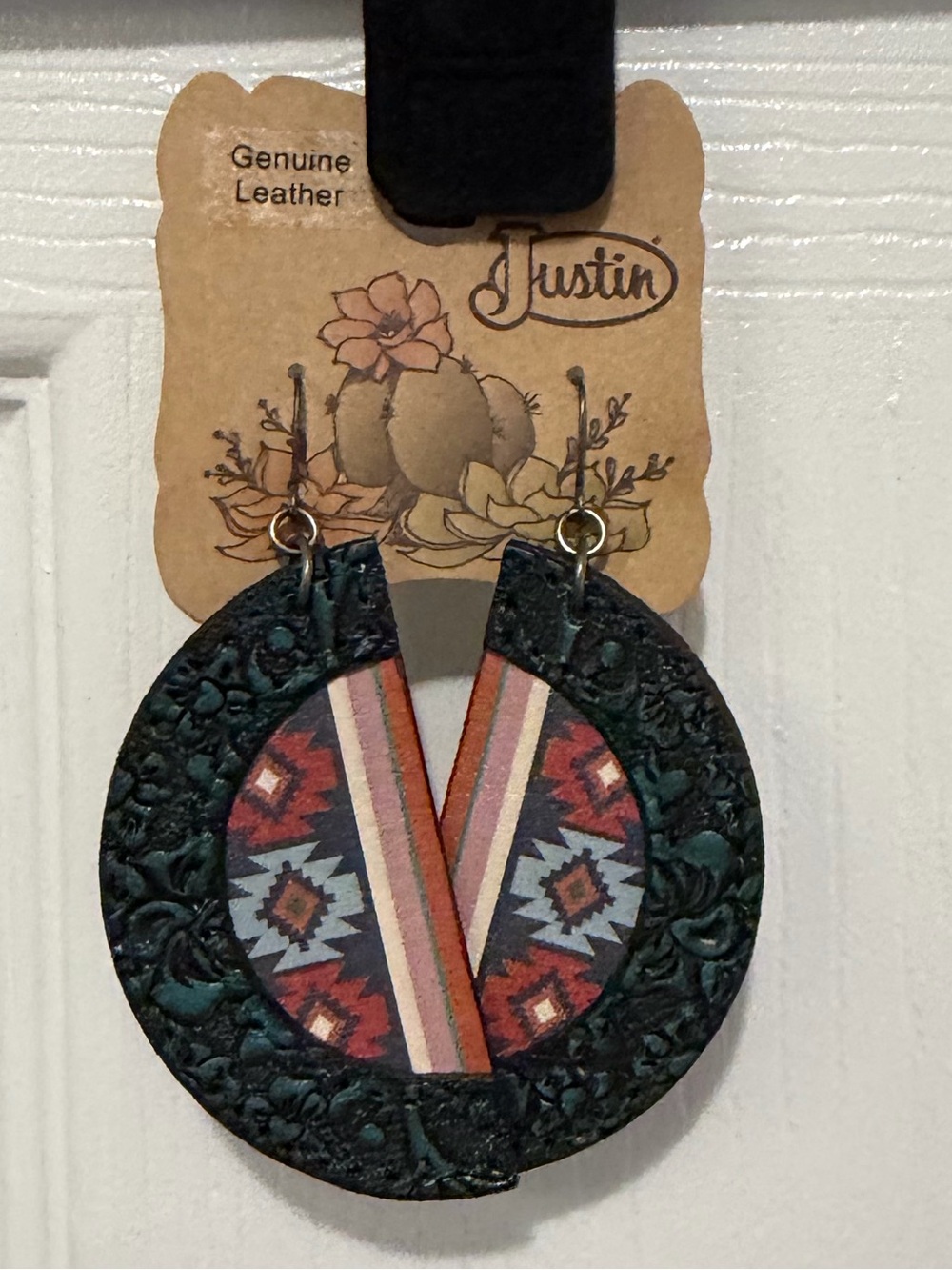 Justin Boots Teal and Red Patterned Round Leather Earrings
